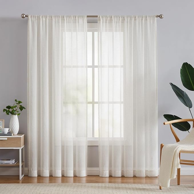 FMFUNCTEX Beige Flax Linen Sheer Curtains 72 Inch Long Rod Pocket 2 Panels | Natural Semi Sheer Window Drapes for Bedroom and Living Room, Farmhouse French Window Curtain Light Filtering Privacy