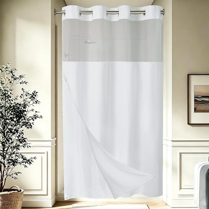 EUTXL Heavyweight Stall No Hook Shower Curtain with Snap in Liner,256GSM Waffle Weave Shower Curtains for Bathroom,54W x 80H,White