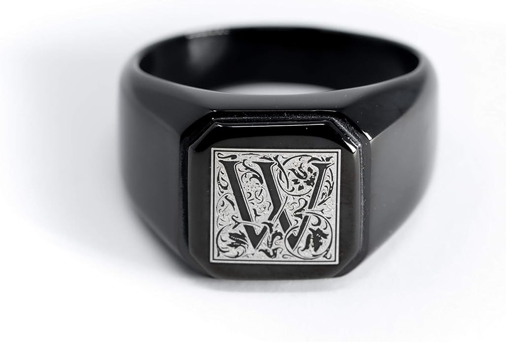 Jewelry | Stainless Steel Letter Alphabet Initial Ring | Square Flat Top Ring for Men & Women | Stainless Steel Jewelry, (Black, Gold, Silver), Size 7-16