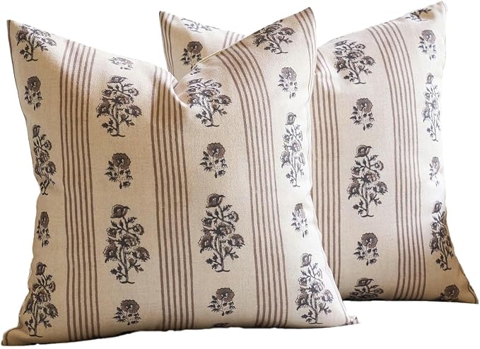 Amor Virisso Farmhouse Floral Throw Pillow Covers 18x18 Set of 2 Block Print Pillow Covers Neutral Boho Floral Striped Decorative Pillow Covers for Sofa Couch Bed, Brown