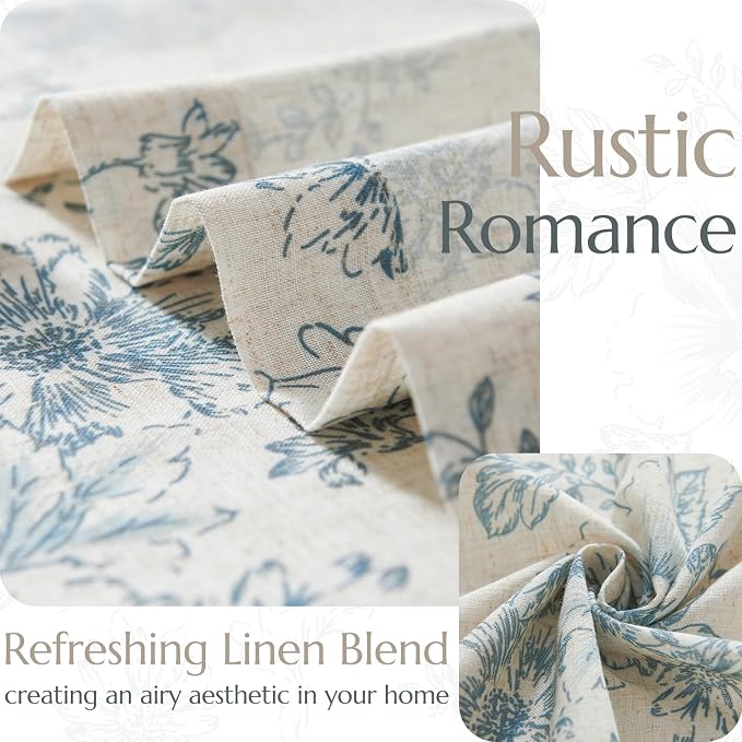 jinchan Blue Floral Linen Curtains 96 Inch Farmhouse Back Tab 2 Panels | Light filtering drapes, semi sheer, farmhouse, cottagecore, rustic, living room, bedroom, rod pocket, window treatment