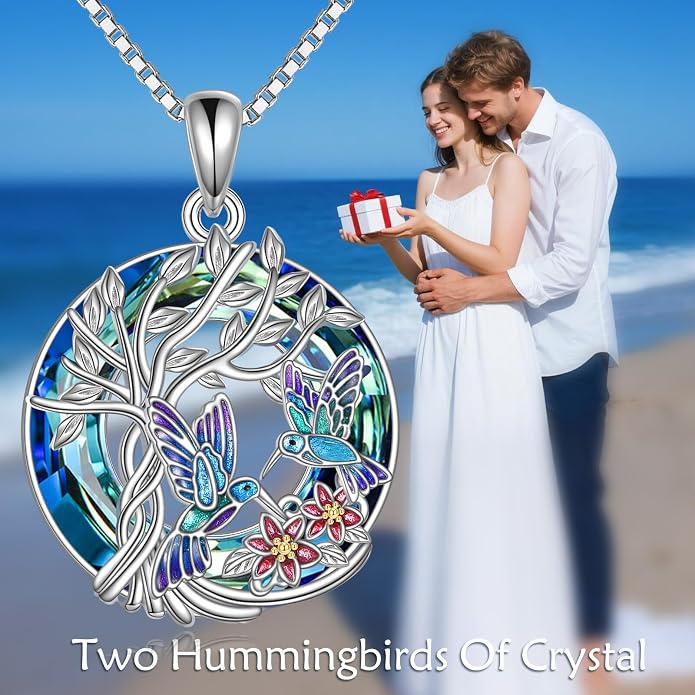 TOUPOP Sterling Silver Tree of Life Hummingbird/Dragonfly/Owl/Panda Necklace Crystal Bird Jewelry Birthday Christmas Valentines Day Gifts for Her Girlfriend Mom