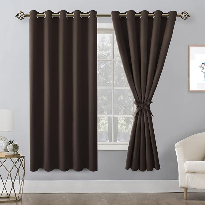 Hiasan Grommet Blackout Curtains for Bedroom, 60 x 72 Inches - Thermal Insulated & Light Blocking Window Drapes for Living Room/Dorm Room, Set of 2 Panels Sewn with Tiebacks, Brown