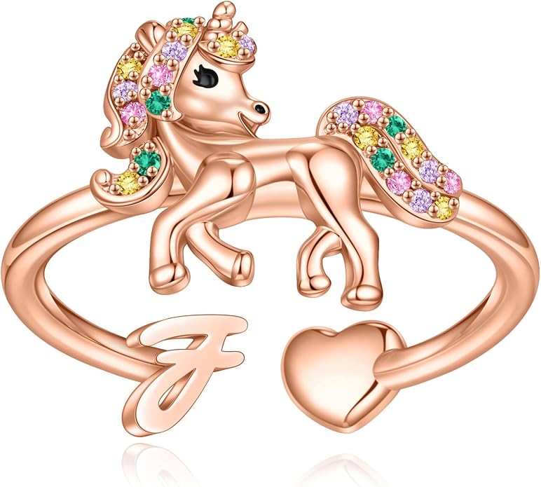 Unicorn Initial Rings for Teen Girls, Rose Gold/White Gold Plated Heart Initial Rings for Girls Adjustable Stackable Rings for Women Diny Heart Ring for Teen Girls Gifts Unicorns Gifts for Girls