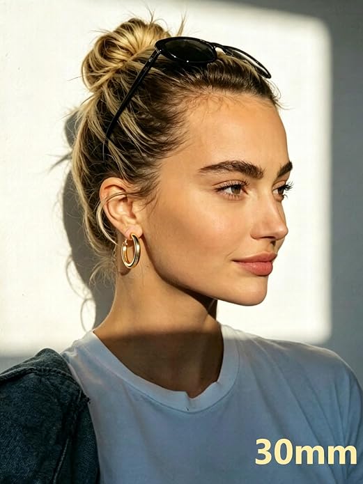 Bestyle 5mm Thick Gold Hoop Earrings Hypoallergenic Hoops for Sensitive Ears Trendy Lightweight Chunky Earrings for Women 30/40/60/80mm