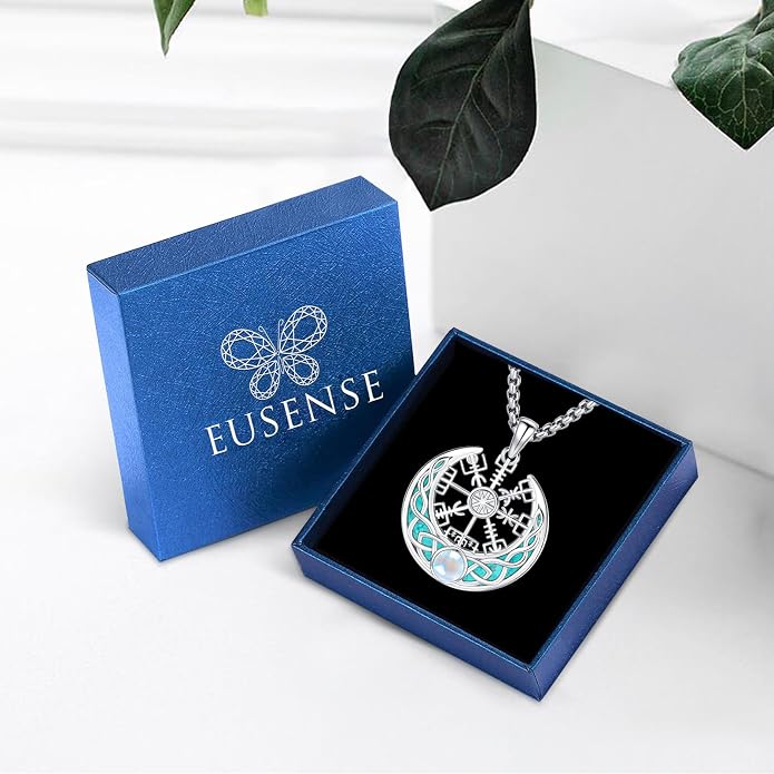 Eusense Viking Necklace for Men Women 925 Sterling Silver Pendant Thors Hammer/Norse Runes/Odin's Ravens/Wolf/Dragon/Snake/Yggdrasil/Freya/Helm of Awe/Valknut/Triskelion/Axe/Shield Viking Jewelry