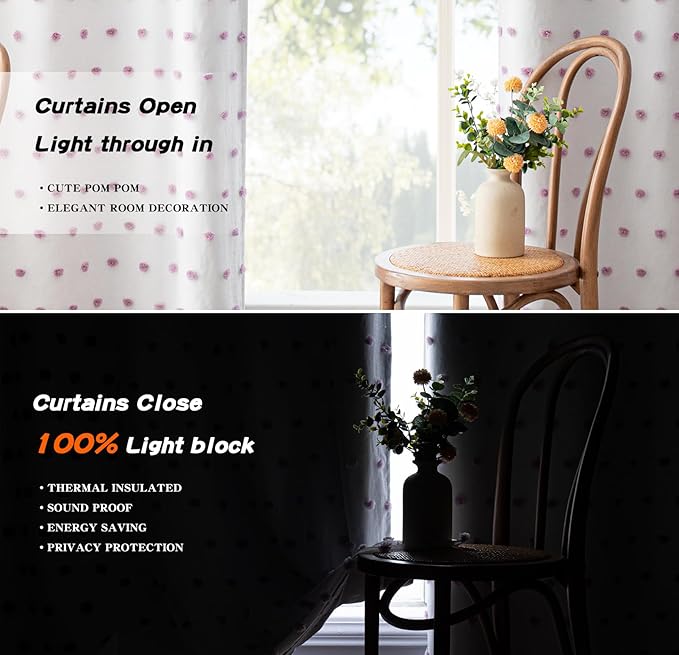 MYSKY HOME 100% Blackout Curtains for Nursery Thermal Insulated Purple Pom Pom Curtains 72 Inch Long for Girls Bedroom 2 Panels White Sheer Curtains for Dining Room Door Grommet, 52 x 72 in