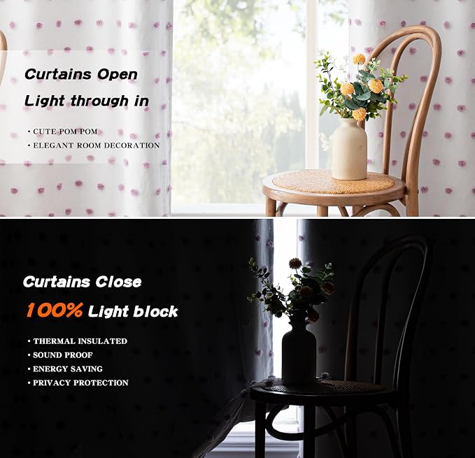 MYSKY HOME 100% Blackout Curtains for Girls Bedroom 84 Inches Long with Purple Pom Pom Sheer Total Light Blocking Curtains for Living Room 2 Panels Grommet Room Darkening Window Drapes 52W x 84L