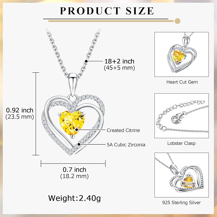 Anniversary Charm Necklace, Sterling Silver 14K Gold Plated Chain with Interlocking Heart Pendant Elegant Birthstone Necklaces for Women, Length 18"