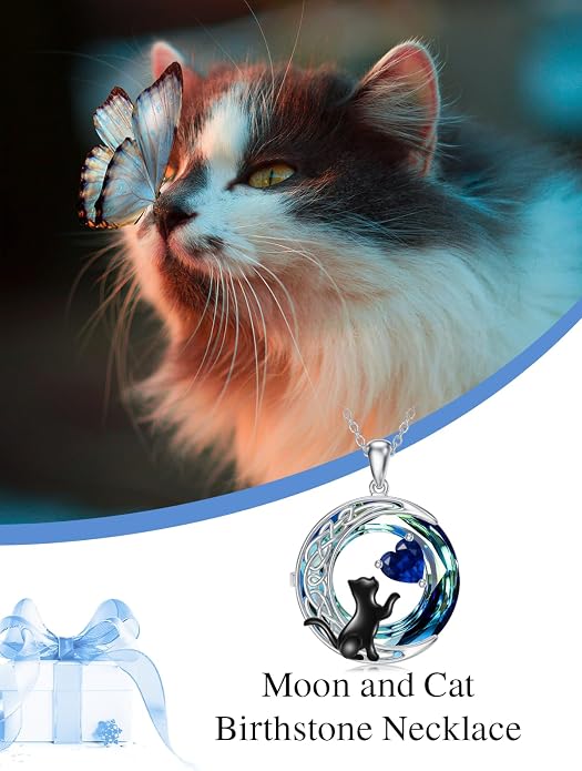 TOUPOP Cat Gifts for Cats Lovers 925 Sterling Silver Black Cat Necklace Celtic Moon Birthstone Jewelry for Women Anniversary Birthday Gift for Her Wife Mom