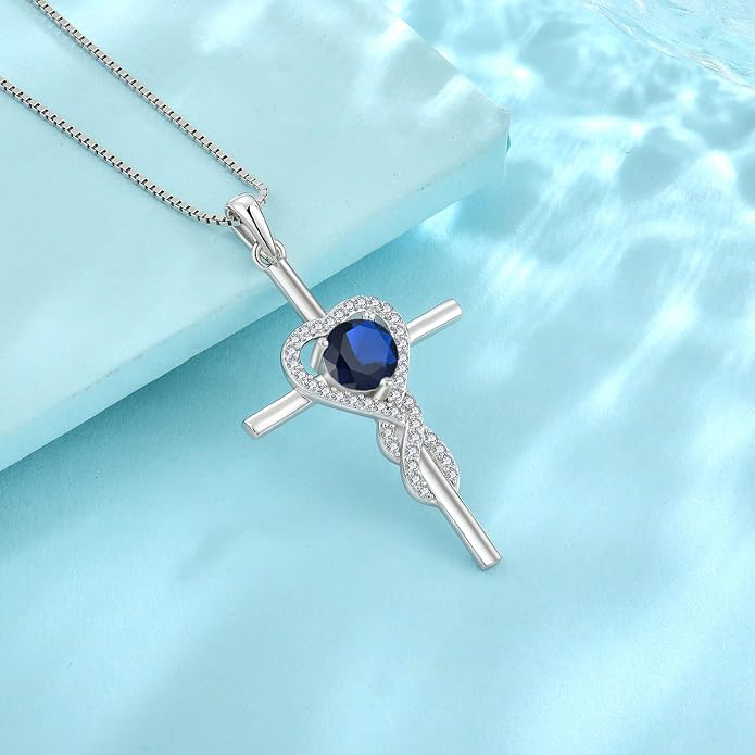 Cross Necklace for Women 925 Sterling Silver Infinity Birthstone Pendant Necklace Religious Christian Jewelry Gifts Wife Mom Her