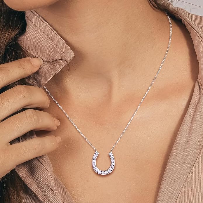 Luck Horseshoe Necklace 14K Gold Plated/Sterling Silver Created Gemstone Pendant with Chain Channel Set U Shaped Charm Necklace Birthstone Jewelry