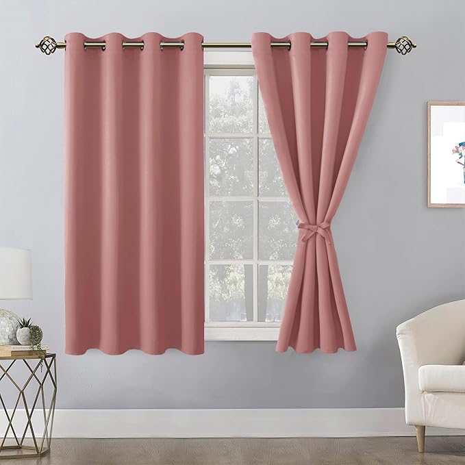 Hiasan Blackout Curtains for Bedroom, 52 x 54 Inches Long - Thermal Insulated & Energy Saving Window Curtains for Living Room, 2 Drape Panels Sewn with Tiebacks, Dusty Rose