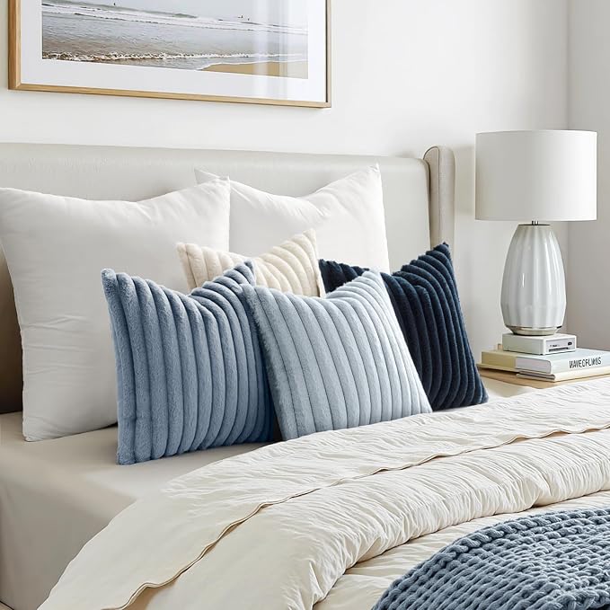 MIULEE Faux Fur Plush Decorative Throw Pillow Covers 24x24 Set of 4, Spring Modern Soft Fuzzy Coastal Striped Cushion Covers for Sofa Couch Bed Living Room Cozy Home Decor,Navy Blue