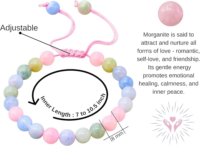 Amazing Gemstone Natural Morganite Bracelet for Women Men's Gifts - Protection Healing Crystal Bracelet - 8mm Gemstone Beaded Adjustable Bracelet Pulseras para Hombres Mujer Stocking Stuffers