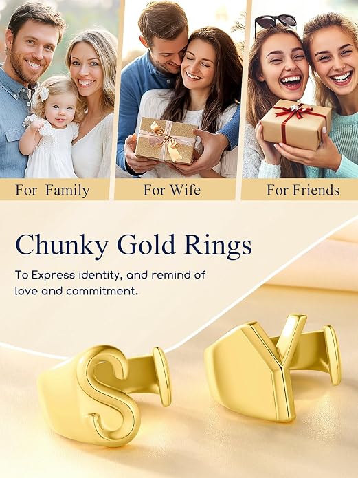 Suplight Nikel Free 18K Gold Plated Letter Rings, Fashion Monogram Jewelry Statement A-Z Wide Name Initial Alphabet Adjustable Open Ring for Women