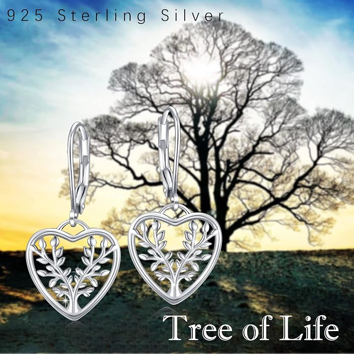 Tree of Life Earrings, 925 Sterling Silver Heart Shaped Studs for Women, Hypoallergenic Earrings for Sensitive Ears Gifts for Women with Gift Box…