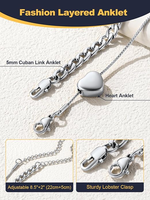 U7 2Pcs/3Pcs Ankle Bracelets for Women, Stainless Steel Cuban Link/Figaro/Rope/Heart Chain Anklets Sets,Waterproof Layered Anklets Adjustable 8.5"-10.5"