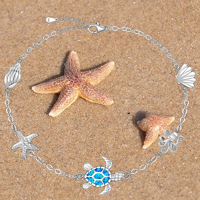 Sea Turtle Ankle Bracelets for Women Blue Opal Sterling Silver Beach Starfish Octopus Conch Ocean Anklets Jewelry Gifts