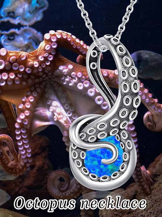 Octopus Tentacles Necklace with Gemston 925 Sterling Silver Octopus Pendant for Women Ocean Jewelry Gift for Women