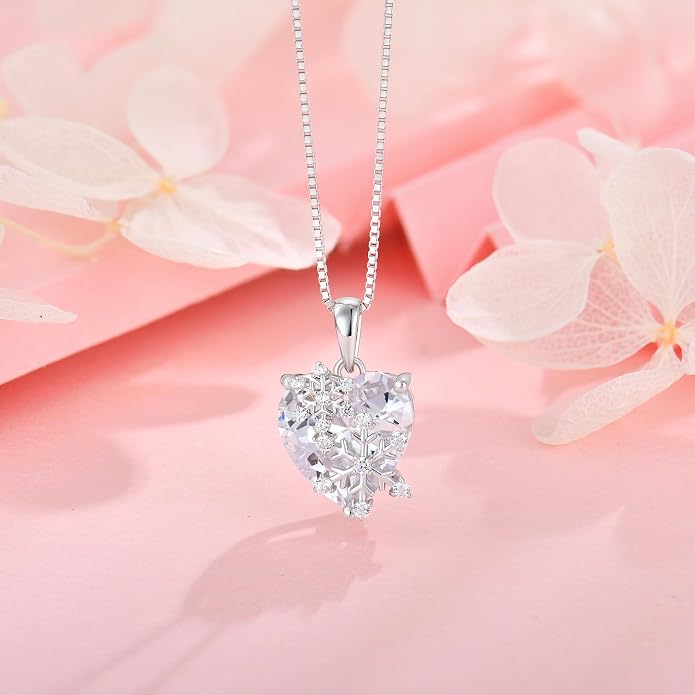 Snowflake Necklace for Women 925 Sterling Silver Heart Birthstone(White/Aquamarine/Sapphire/Pink) Pendant Necklaces Cubic Zirconia Winter Christmas Jewelry