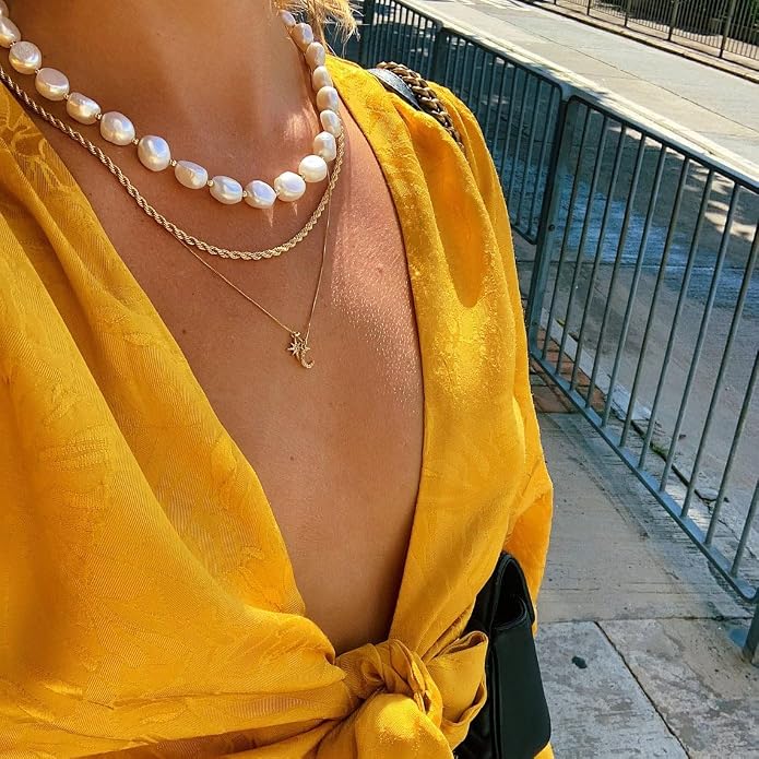Natural Freshwater Baroque Pearl Necklace 14K Gold Plated Dainty Choker Necklace for Women Girls Snake Chain/Cuban Link/Paperclip/Ball Beaded Chain/Tennis Chain Fashion Jewelry for Gift