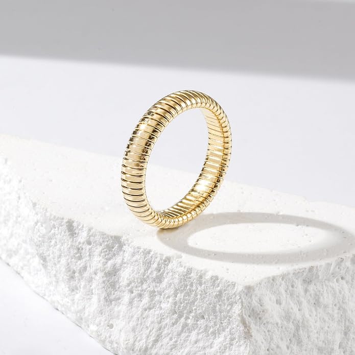 CIUNOFOR 14K Gold Plated Statement Rings, Stainless Steel Stackable Band Ring for Women, 0.2" Wide, Fit Size 6 to 9