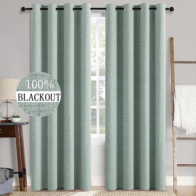 MIULEE Linen Texture Curtains for Bedroom Solid 100% Blackout Thermal Insulated Seafoam Green Curtains Grommet Room Darkening Draperies for Living Room 52x108 Inch (2 Panels)