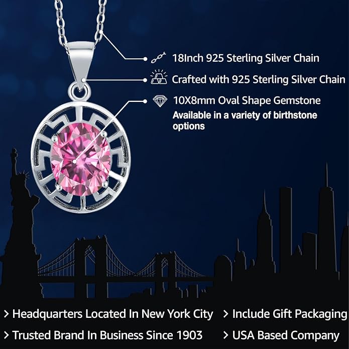 Gem Stone King 925 Sterling Silver 10X8MM Oval Gemstone Birthstone Necklace | Greek Key Pendant Necklace for Women | With 18 Inch Silver Chain
