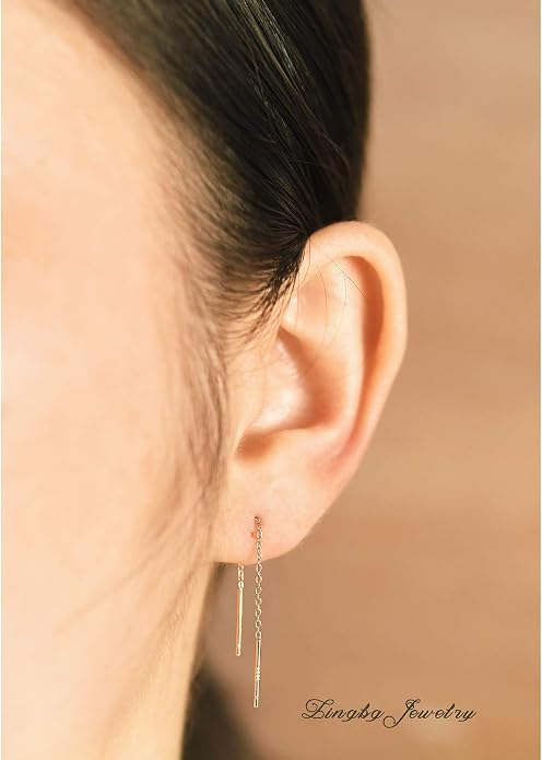 3 Pairs Threader Earrings 925 Sterling Silver Long Chain Earrings Bar/Ball Wrap Threader Drop Earrings for Women Lightweight Minimalist Mother's Day Jewelry Set