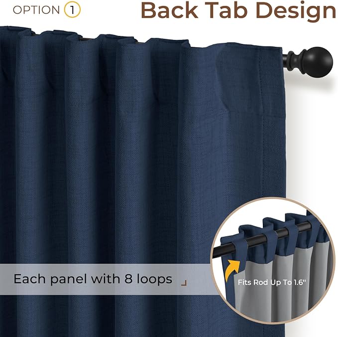 INOVADAY 100% Blackout Curtains 96 Inches Length 2 Panels Set, Back Tab/Rod Pocket Linen Black Out Curtains for Bedroom, Thermal Insulated Window Drapes - Midnight Blue, W50 X L96