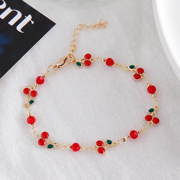 Cherry Bracelet for Women Gold Evil Eye Link Bracelet Dainty Flower Daisy Bracelets Pearl Butterfly Heart Charm Bracelets Adjustable Summer Beach Jewelry