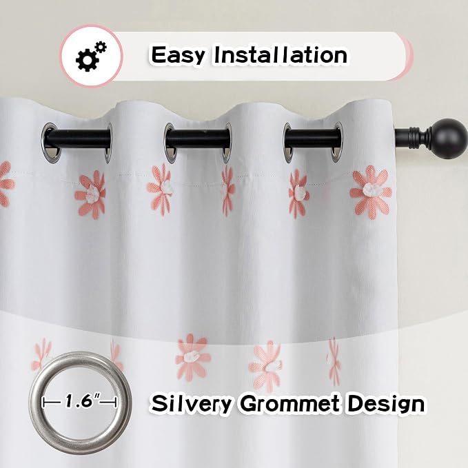 MYSKY HOME Pink Floral Blackout Curtains for Nursery Thermal Insulated Flower Sheer Curtain 72 Inch Long for Girls Bedroom Double Layered Window Drapes for Dining Room Grommet, 52 x 72 in, 2 Panels