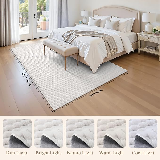 Vaukki 5x8 Area Rug for Living Room, Non Slip Washable 3D Bubble Living Room Rug, High Low Pile Hexagon Floor Mat for Bedroom, Modern Soft Fluffy Carpet for Dining Room, Office and Nursery, White