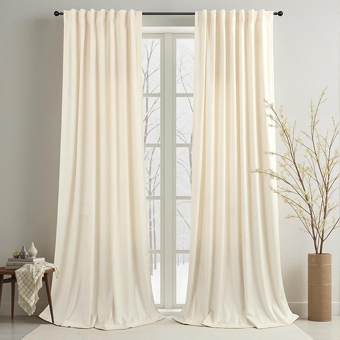 Cream Beige Velvet Curtain 90 Inches Long 2 Panels for Bedroom Semi Blackout Lightweight Farmhouse Cozy Retro Drape Floor to Ceiling Curtain for Living Dining Room Divider Villa Hall Cottage Apartment