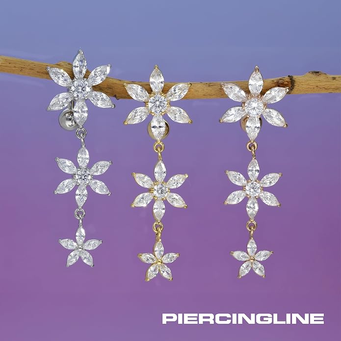 PIERCINGLINE Belly Button Piercing 3 CRYSTAL FLOWERS surgical steel, skin-safe