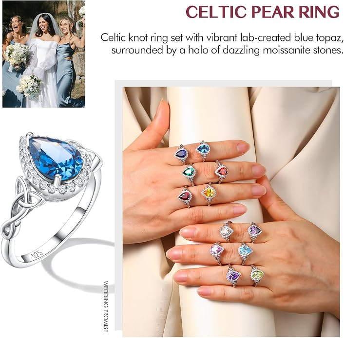 DAYBYDAY Celtic Birthstone Rings for Women 925 Sterling Silver Heart/Round/Pear/Oval Created Gemstone Moissanite Halo Engagement Promise Rings for Her Wife Birthday Anniversary Wedding Jewelry