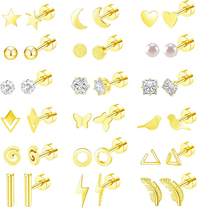 MJust 18 Pairs Women‘s Hypoallergenic Flat Back Stud Earrings, 20g Stainless Steel Earrings Sets for Men, Tiny Unisex Screw Back Cartilage Earrings.