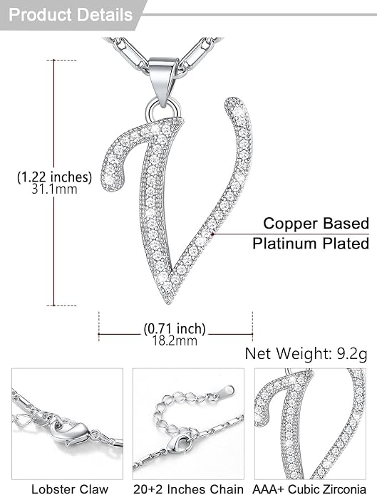 U7 Initial Necklace for Women, Gold/Platinum Plated CZ Crystal Letter A-Z Pendant Necklace, Shiny 20 Inch Name Chain Dainty Personalized Jewelry for Men Mom Wife Friend
