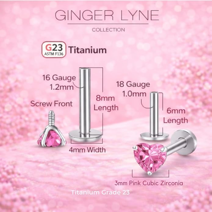 Titanium Heart CZ Labret Stud Earrings for Piercings by Ginger Lyne 6Pc Set G23 Screw Front Flat Back Body Jewelry 2 pair post 6mm, 8mm Cartilage, Helix, Tragus, Lip, Conch, Lobe