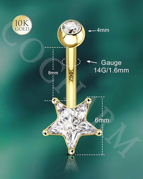 COCHARM 10K Gold Belly Button Rings, 10K Star Gold Belly Rings for Women, 10K Gold Belly Navel Piercing Jewelry
