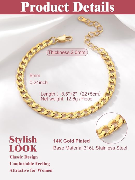 FOCALOOK 14K Gold Plated Anklets for Women Waterproof Plus Size Ankle Bracelet 8.5-10.5 Inch Adjustable Mariner/Figaro/Flat Snake/Cuban Link Chain Anklet Jewelry for Summer Beach Holiday