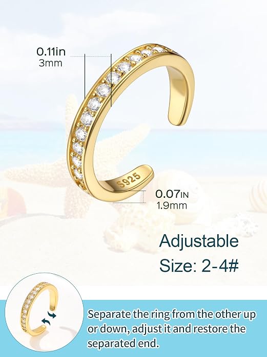 ChicSilver Sterling Silver Toe Rings for Women 14K Gold Plated Toe Rings for Women Open Adjustable Toe Ring for Women Toe Jewelry for Summer Beach