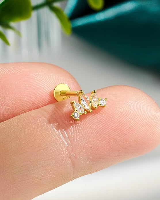 COCHARM 14K Gold Plated Cartilage Earrings Stud 16G 925 Sterling Silver Helix Earrings Internally Thread Heart Flat Back Piercing Jewelry
