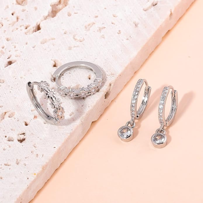 CiNily Small Hoop Earrings for Women Girls Flower Cubic Zirconia Huggie Earrings Hypoallergenic 14K Yellow Gold Plated Cartilage Earrings