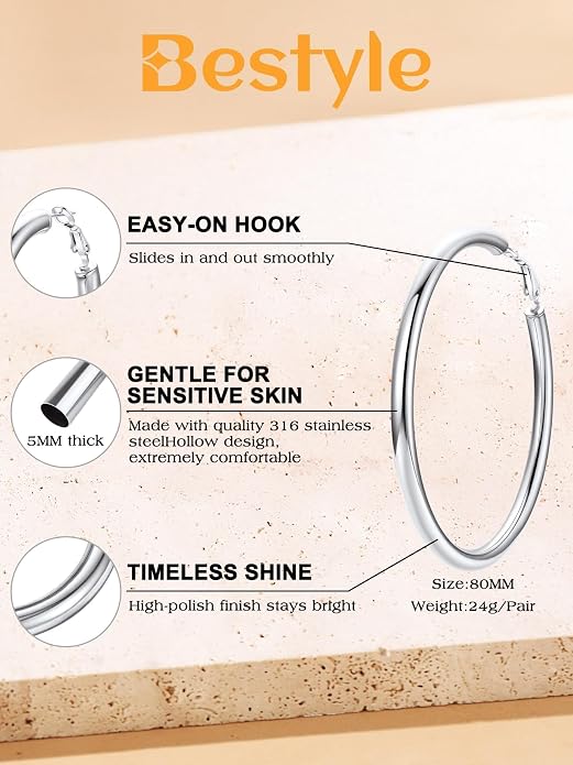 Bestyle 5mm Thick Gold Hoop Earrings Hypoallergenic Hoops for Sensitive Ears Trendy Lightweight Chunky Earrings for Women 30/40/60/80mm