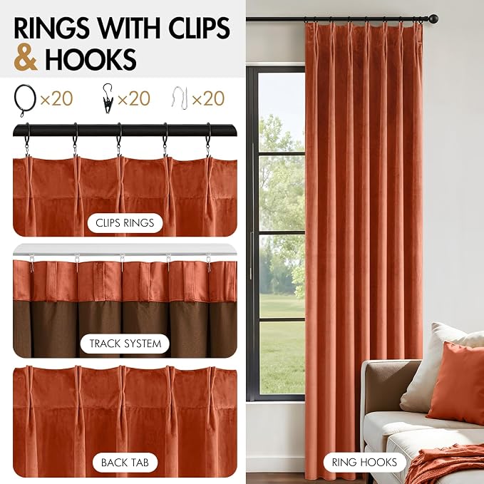 MIULEE Terracotta Velvet Curtains 96 inches Long, Pinch Pleated Blackout Fall Drapes with Hooks, Thermal Insulated Pinch Pleat Panels for Bedroom Living Room, 2 Panels
