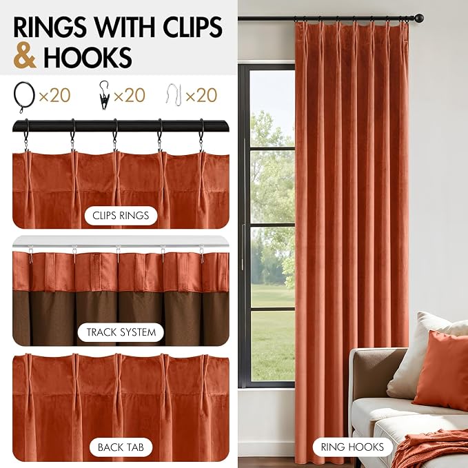 MIULEE Terracotta Velvet Curtains 90 inches Long, Pinch Pleated Blackout Fall Drapes with Hooks, Thermal Insulated Pinch Pleat Panels for Bedroom Living Room, 2 Panels