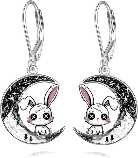 Black Cat/4th of July/Bat/Spider/Pumpkin/Wolf/Bunny/Sun and Moon/Turtle/Raven 925 Sterling Silver Leverback Dangle Earrings Moon Gothic Christmas Earrings Jewelry Gift for Women