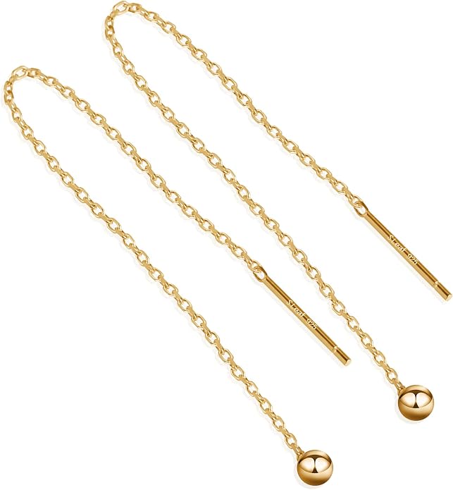 S.Leaf Threader Earrings for Women 925 Sterling Silver Gold Plated Hypoallergenic Backless Ardant Chain Duster Tassel Drop Double Piercing Pull Through Earrings for Women Trendy